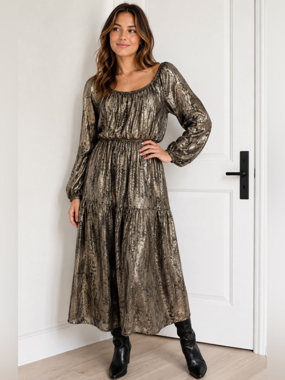 Haven midi open neck black gold Tiered Dress